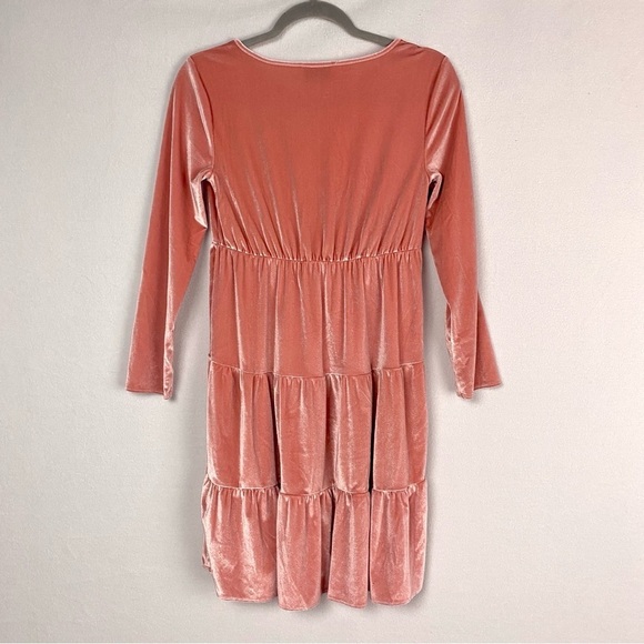 VELVET Dusty Pink Girls Babydoll Tiered Holiday Dress Stretchy V-Neck XL 14 - Picture 2 of 6